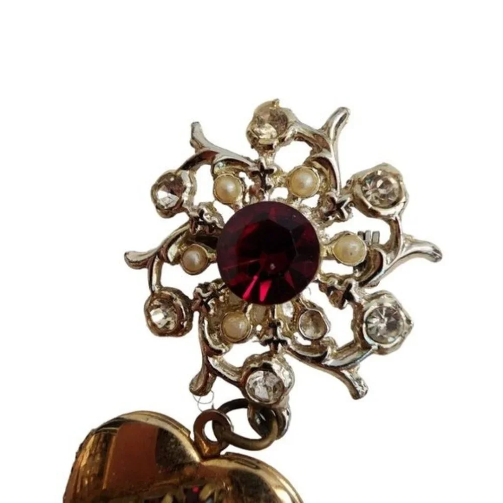 Vintage Montreal‎ Canada Jewelry Brooch Heart Locket Pin Brooch Red Clear Dangle
